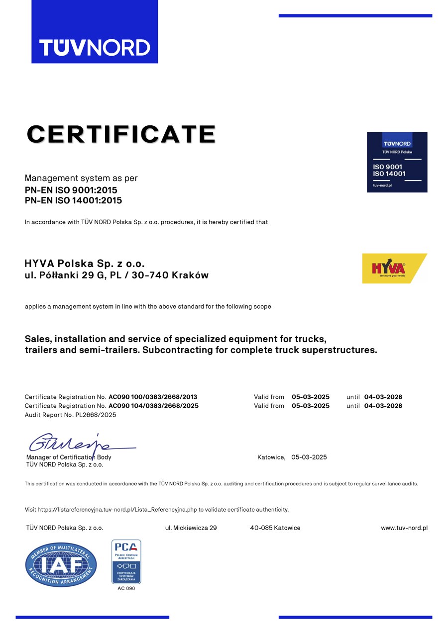 Certificat Hyva TÜV NORD ISO 9001:2015 / ISO 14001:2015